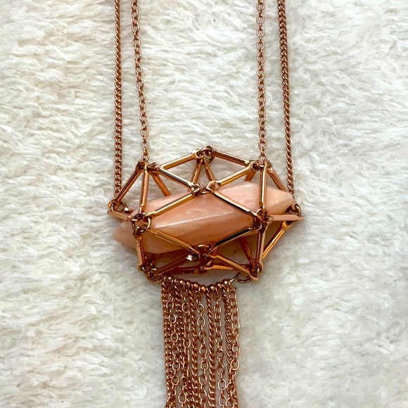 Rosegoldtone Caged Gemstone Pendant Long Tassel Necklace - Picture 2 of 3